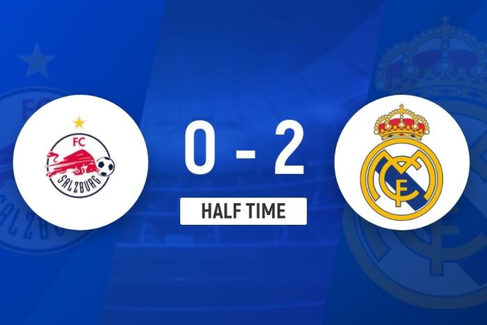 上半场结束 皇马暂以2-0领先萨尔茨堡红牛位列小组第一 维尼修斯传射助攻巴尔韦德破门