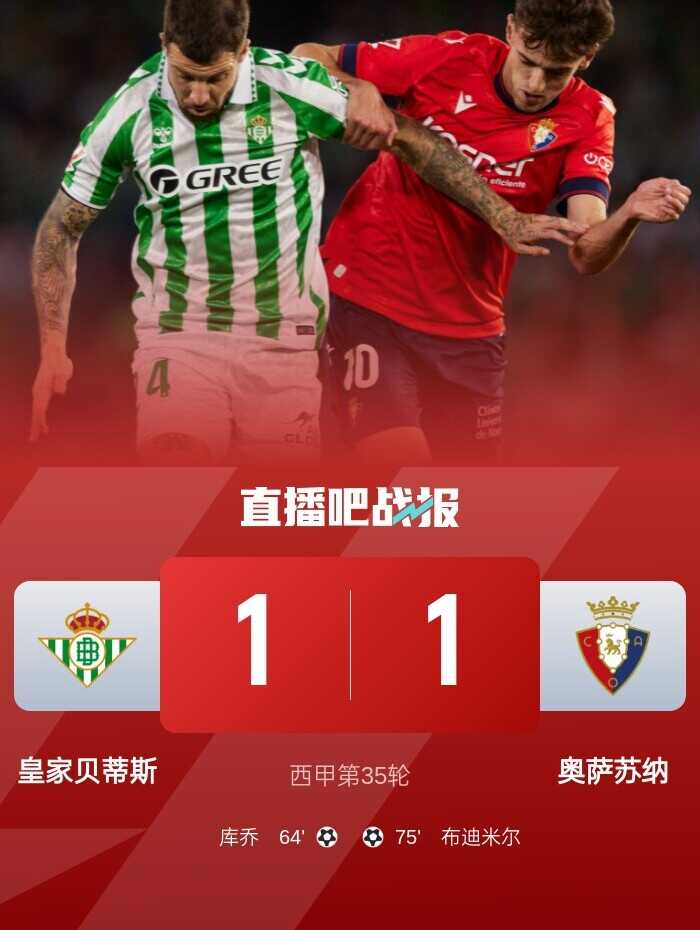 贝蒂斯与奥萨苏纳战成平局 距离欧冠区三个积分 伊斯科助攻库乔进球