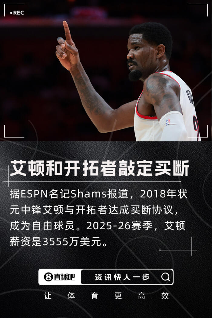 年轻中锋坐镇球队梦想成真 艾顿年薪三千五百万被开拓者买断成为自由球员