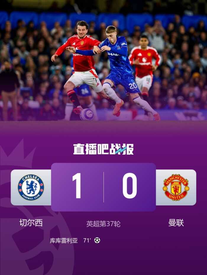 切尔西以一球小胜曼联重返联赛第四 库库雷利亚头槌助球队终结红魔八轮不胜之颓