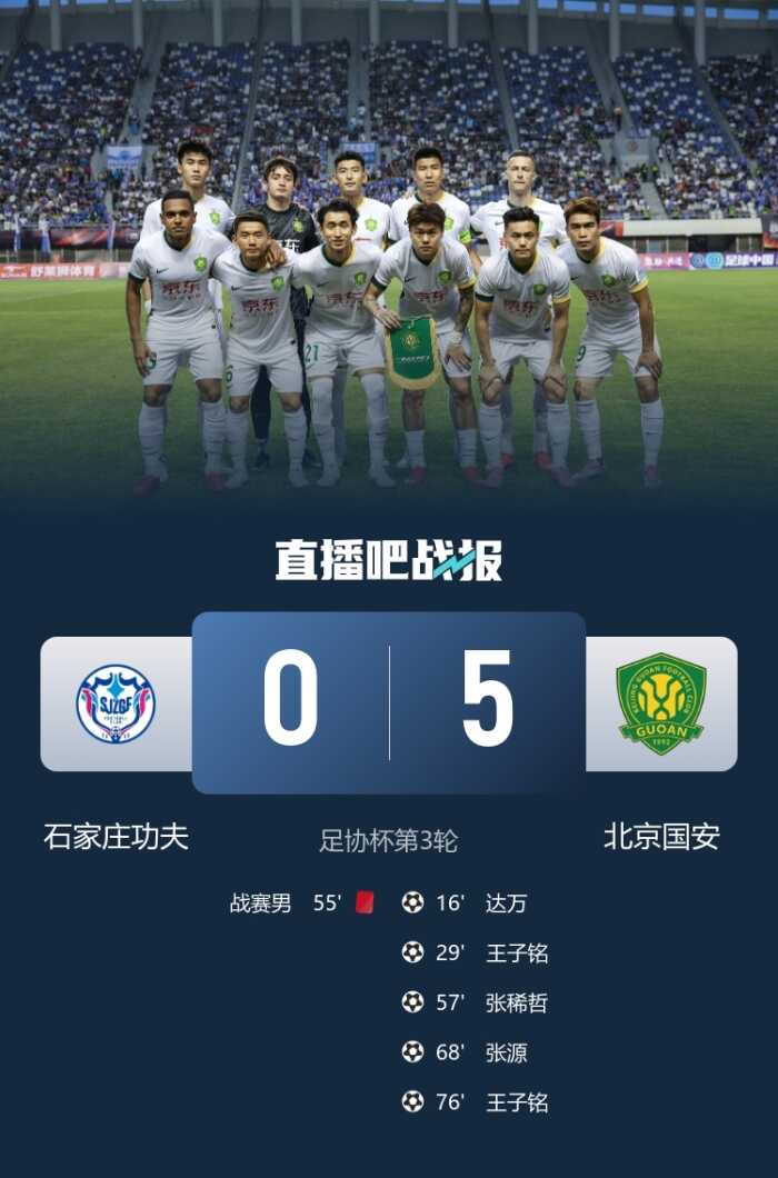 足协杯国安以五比零战胜十人石家庄成功晋级 张稀哲任意球直入球门王子铭贡献两球