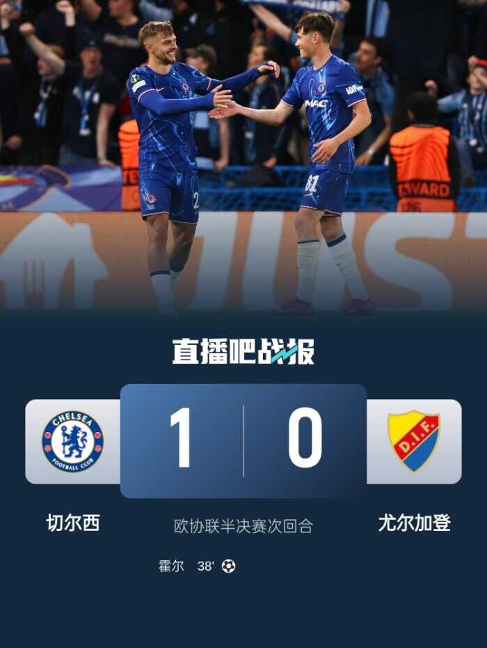 切尔西在欧协联中以1-0战胜尤尔加登总比分5-1成功晋级决赛 霍尔制胜乔治错失空门