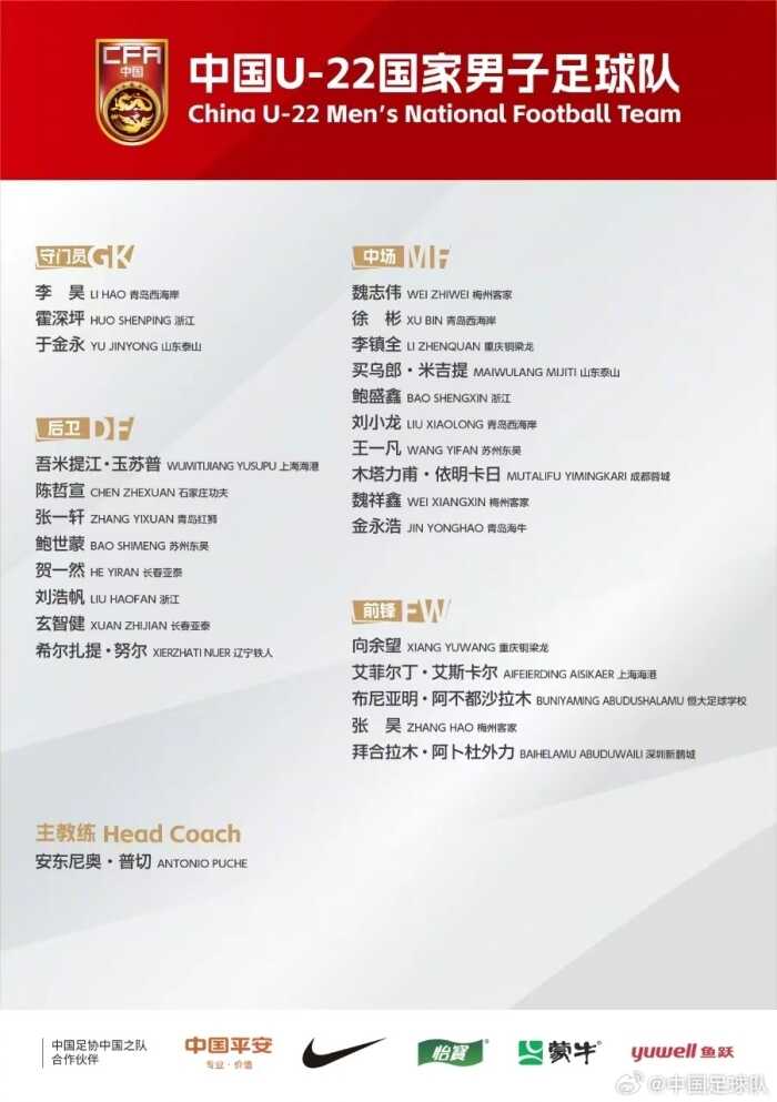 出访白俄罗斯的U22大名单公布 向余望 魏祥鑫 拜合拉木在列