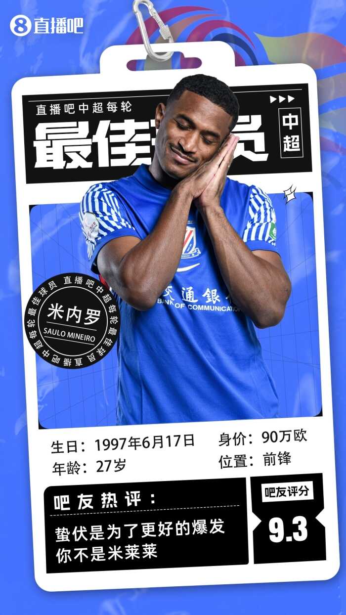 中超第13轮最佳球员评选结果 米内罗凭借传射表现助申花稳居榜首