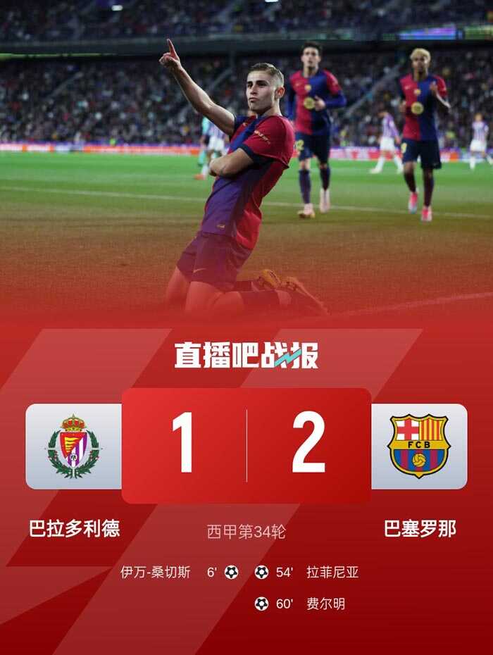 巴萨以2-1逆转巴拉多利德 领先积分榜7分 拉菲尼亚与费尔明双双得分