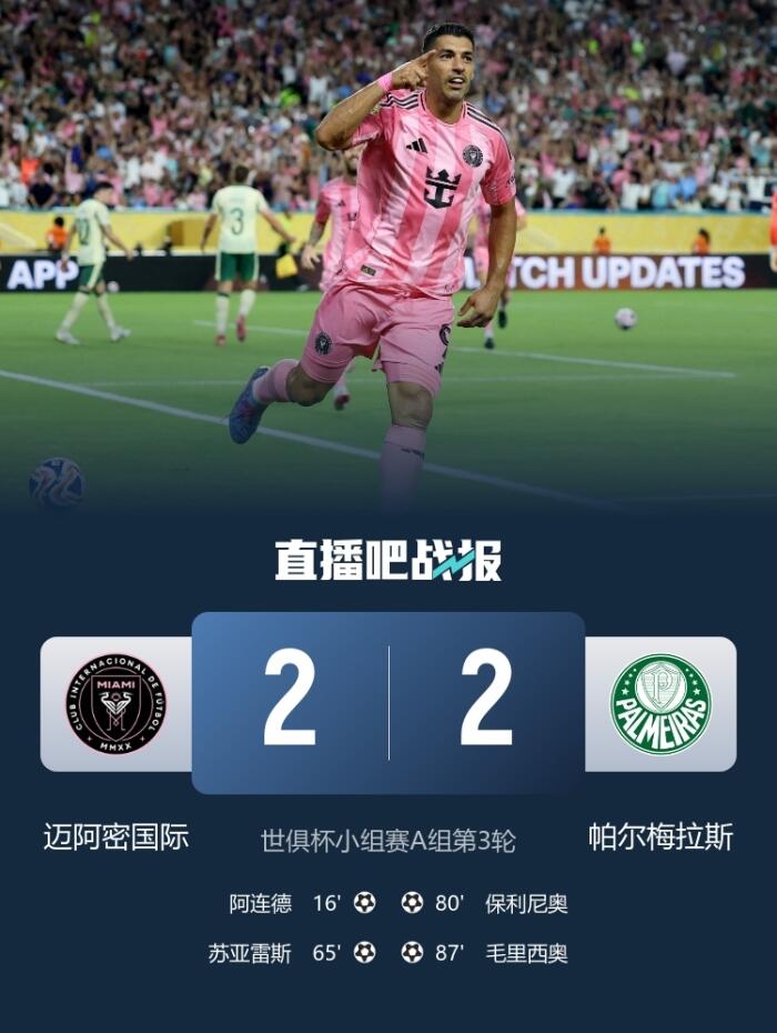 迈阿密与帕尔梅拉斯战成2比2 次轮出线将对阵巴黎 38岁苏亚雷斯贡献进球与助攻