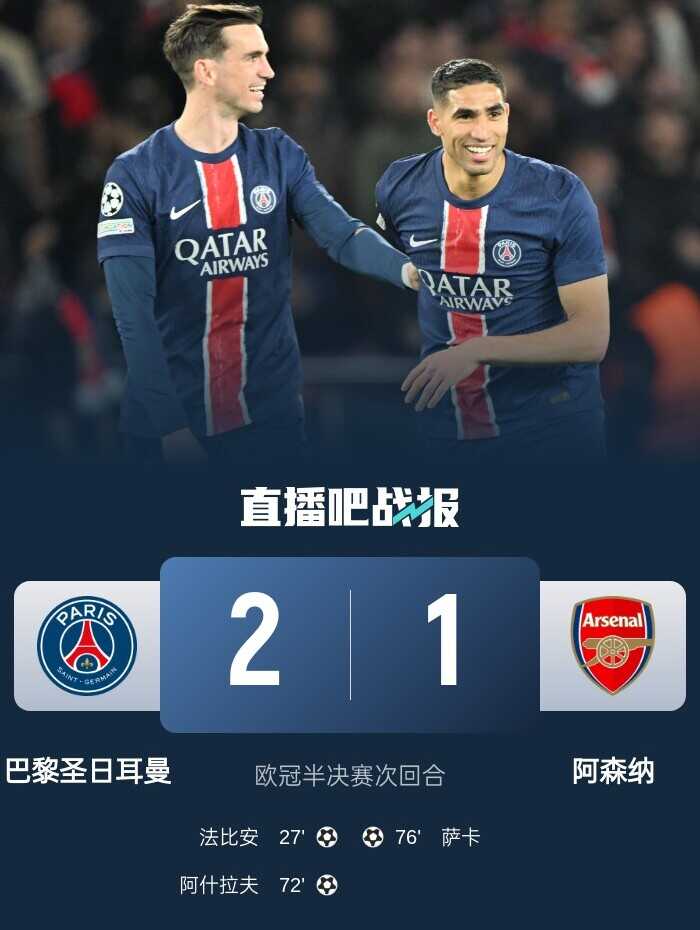 巴黎以2-1战胜阿森纳总比分3-1晋级决赛 法比安打入精彩进球阿什拉夫也有贡献